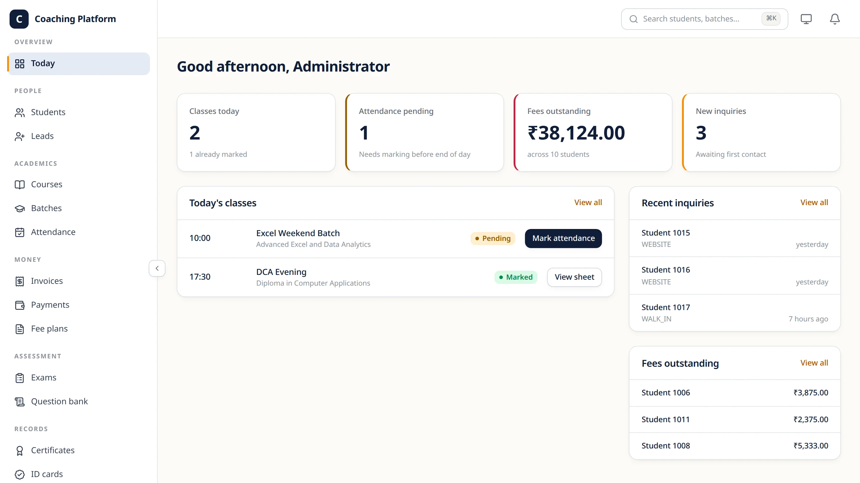 Staff dashboard with today's classes, pending attendance, outstanding fees and new inquiries