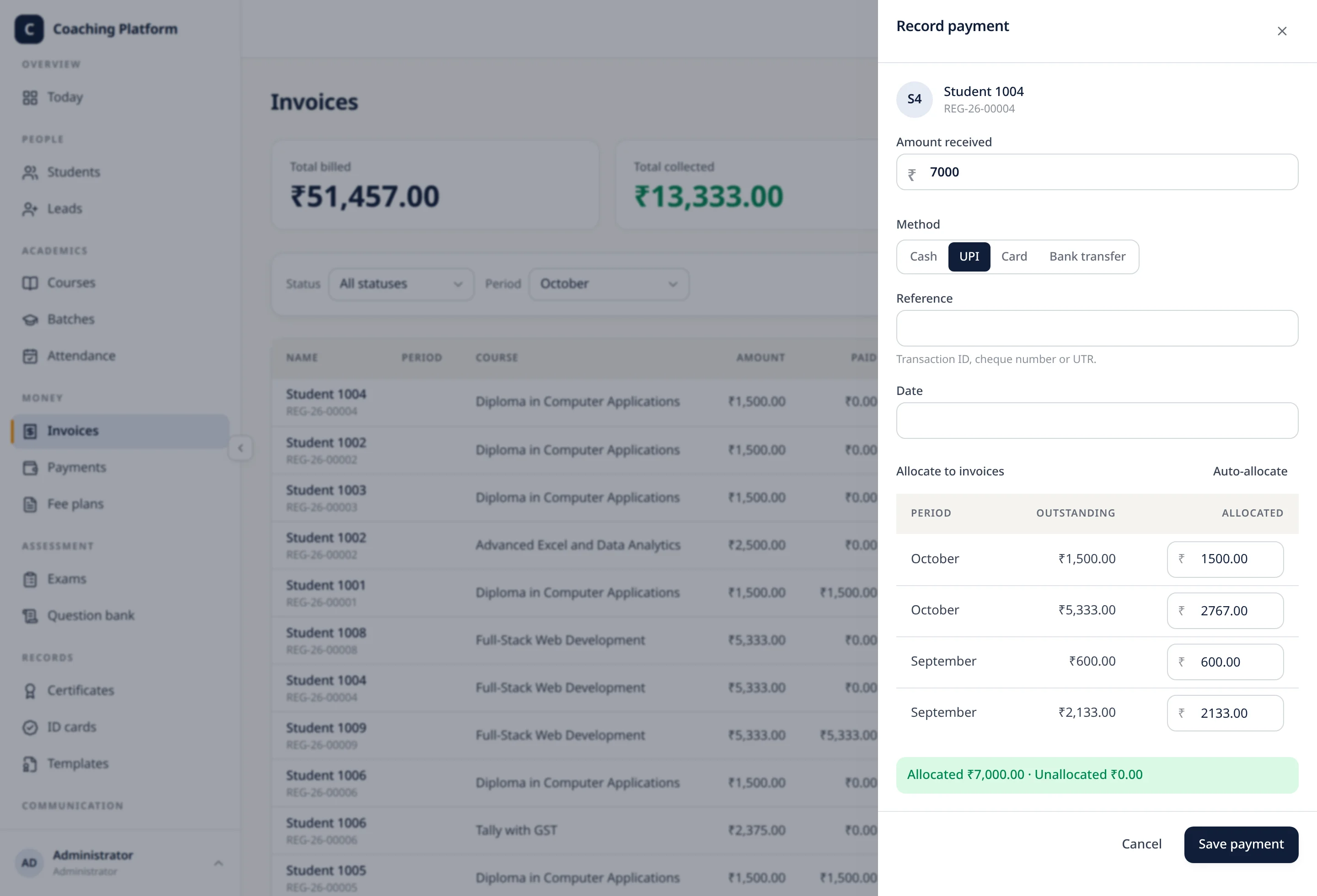 Record payment drawer splitting one amount across four open invoices